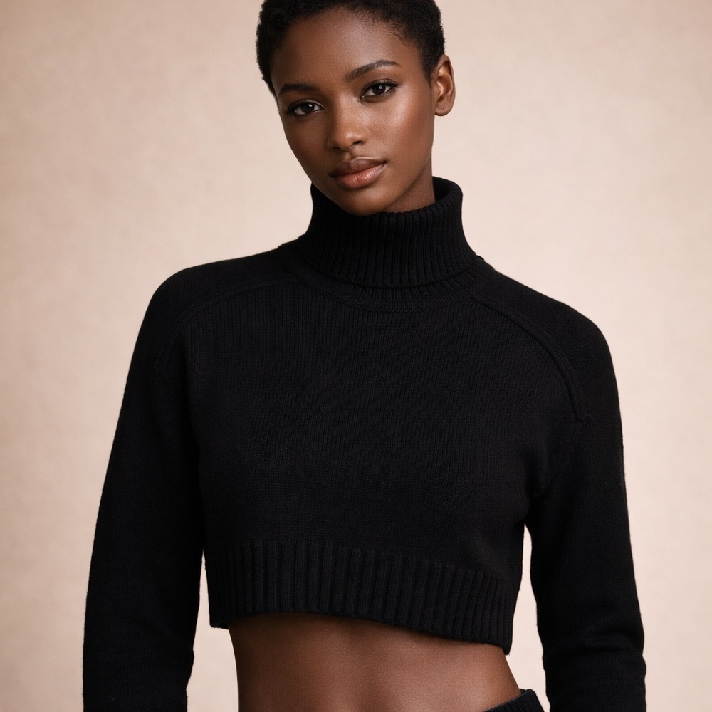ZARA Black Cropped Knit Sweater Mock Neck Ribbed Hem Size Small Minimalist Trend